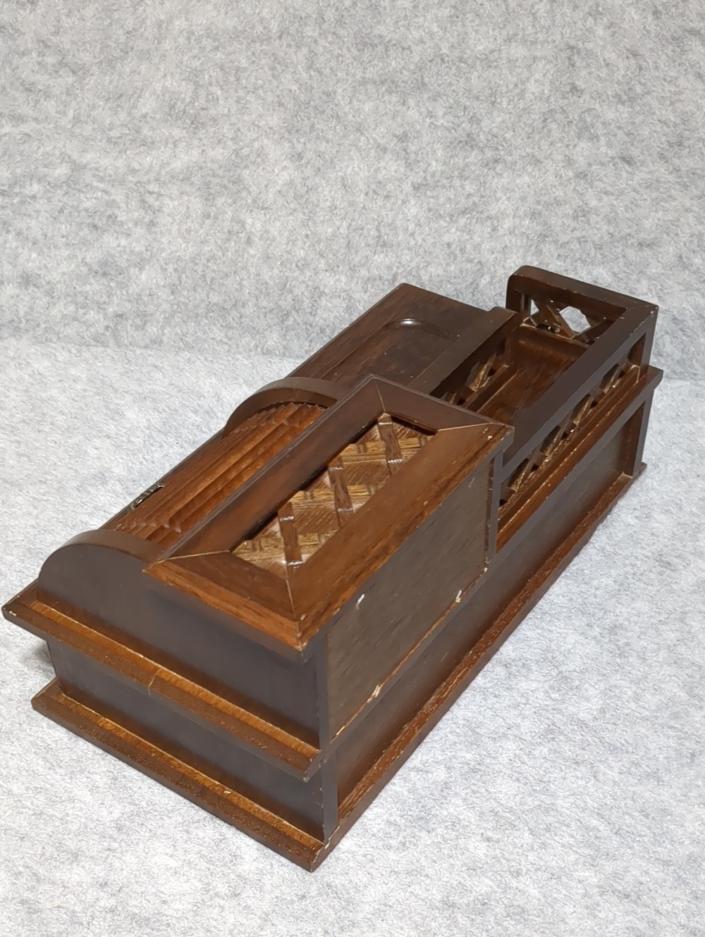 Vintage Wooden Jewelry Box Desk Organizer Roll-Top Velvet Storage Drawer - Picture 5 of 14